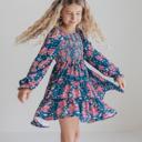  Girls Grace Blue & Pink Flower 3 Tiered Smocked Fall Dress