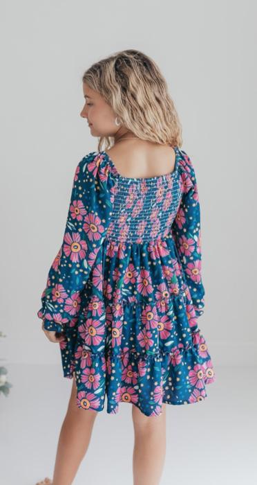 Girls Grace Blue & Pink Flower 3 Tiered Smocked Fall Dress