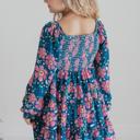  Girls Grace Blue & Pink Flower 3 Tiered Smocked Fall Dress