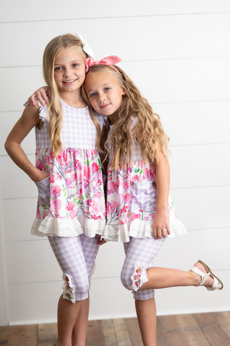 Kids Girls Lavender Gingham & Floral Capri Ruffle Summer Short Set