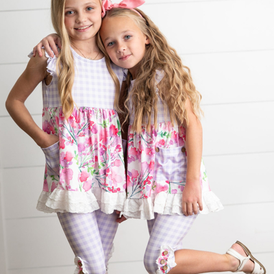 Kids Girls Lavender Gingham & Floral Capri Ruffle Summer Short Set
