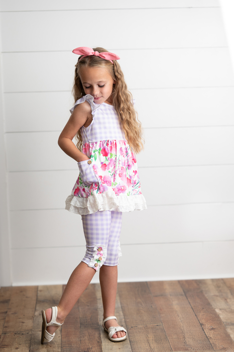 Kids Girls Lavender Gingham & Floral Capri Ruffle Summer Short Set