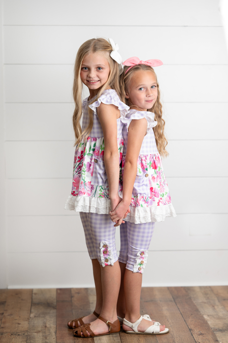 Kids Girls Lavender Gingham & Floral Capri Ruffle Summer Short Set