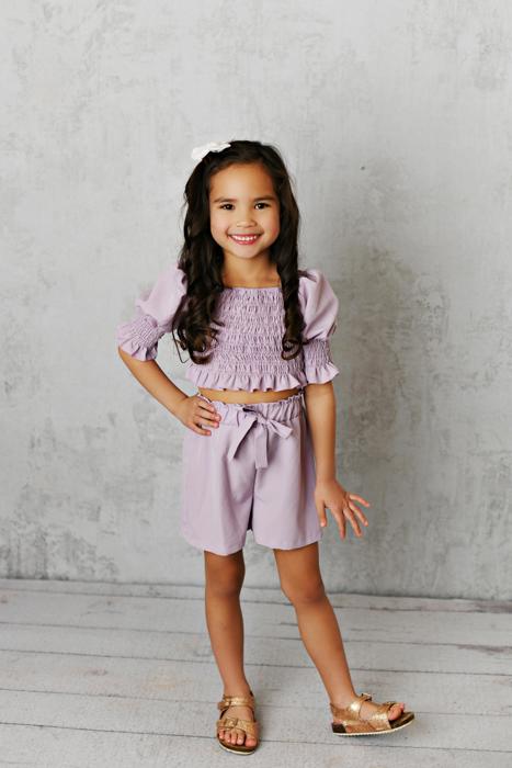 Kids Lavender Shirred Puff Sleeve Bow Summer Short Set