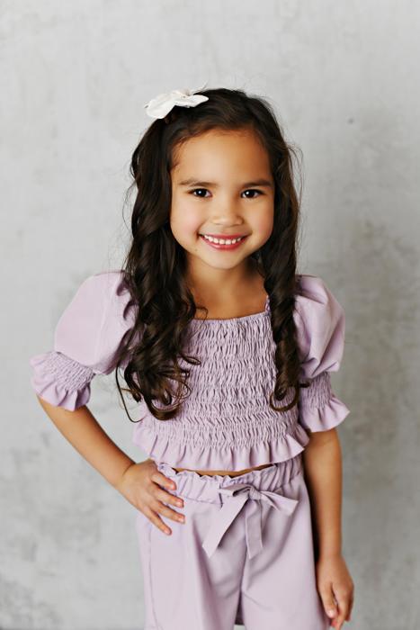 Kids Lavender Shirred Puff Sleeve Bow Summer Short Set