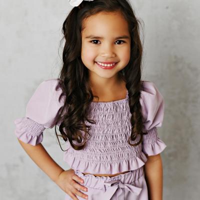 Kids Lavender Shirred Puff Sleeve Bow Summer Short Set