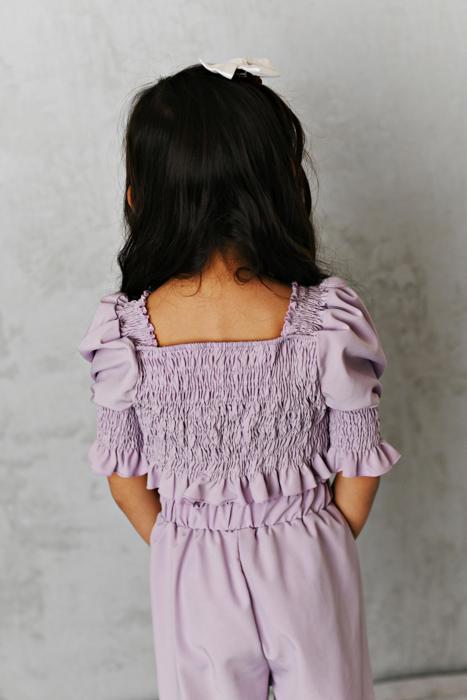 Kids Lavender Shirred Puff Sleeve Bow Summer Short Set
