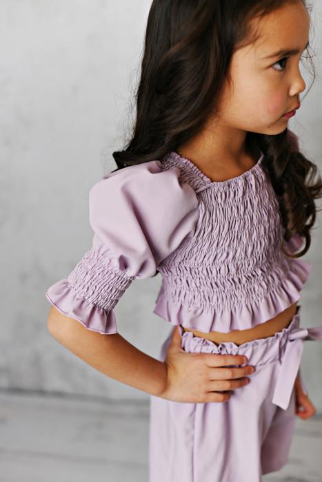 Kids Lavender Shirred Puff Sleeve Bow Summer Short Set