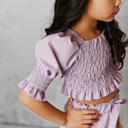  Kids Lavender Shirred Puff Sleeve Bow Summer Short Set