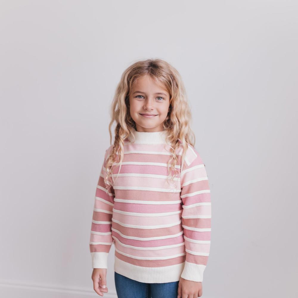 Kids Ombre Pink Stripe Ribbed Crew Neck Sweater