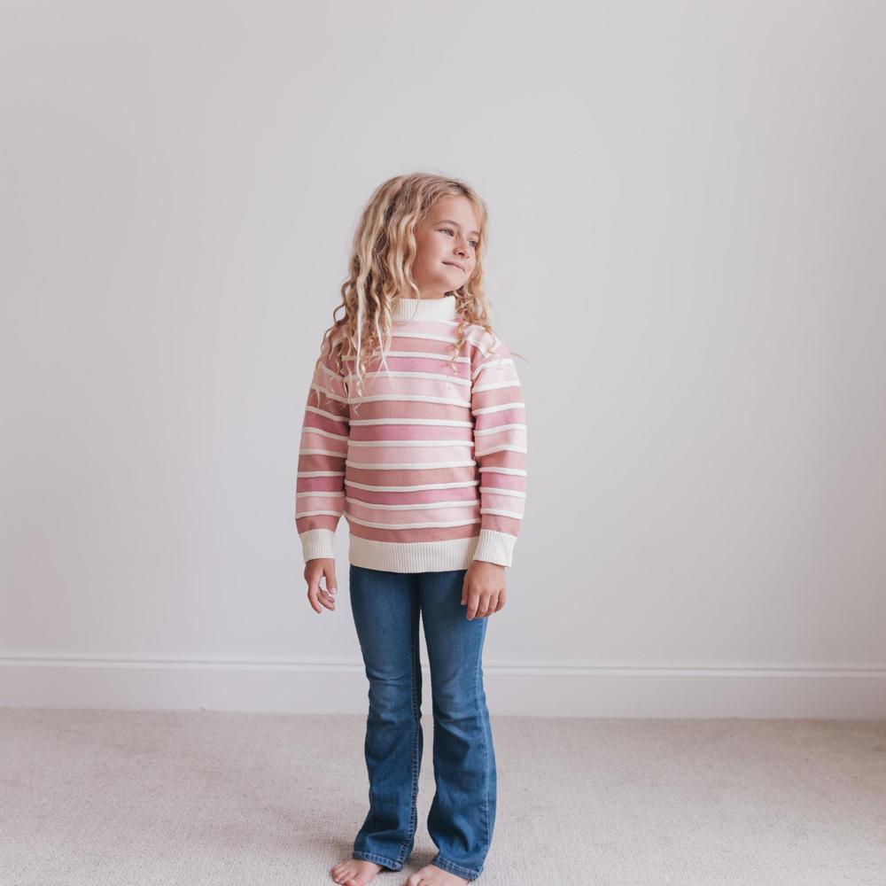 Kids Ombre Pink Stripe Ribbed Crew Neck Sweater