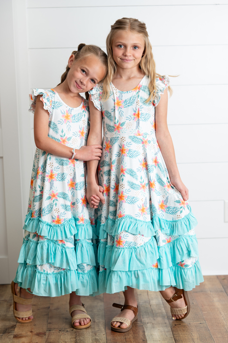 Girls Hawaiian Tropical Flutter Sleeve Ruffles Dress