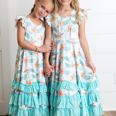 Girls Hawaiian Tropical Flutter Sleeve Ruffles Dress