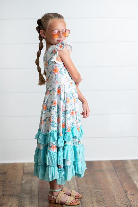Girls Hawaiian Tropical Flutter Sleeve Ruffles Dress