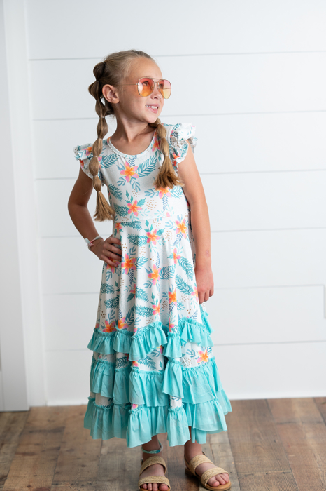 Girls Hawaiian Tropical Flutter Sleeve Ruffles Dress