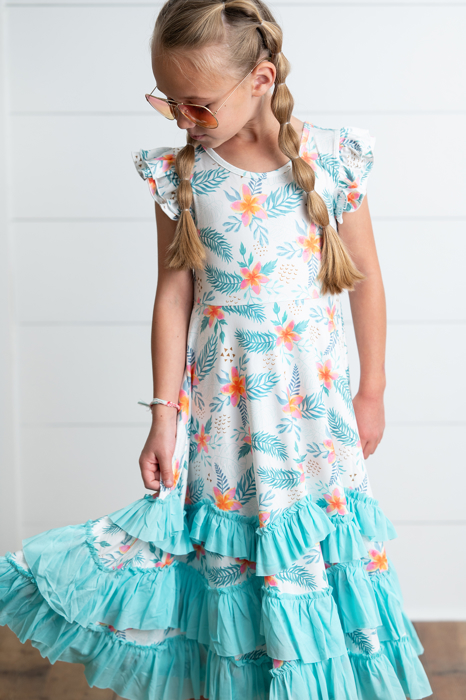 Girls Hawaiian Tropical Flutter Sleeve Ruffles Dress