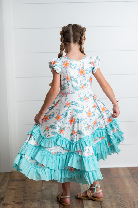 Girls Hawaiian Tropical Flutter Sleeve Ruffles Dress