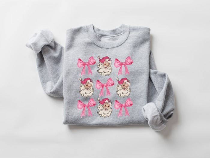 Santa & Bows Christmas Pullover Sweatshirt, Christmas Sweater, Christmas Pajamas, Christmas Outfit