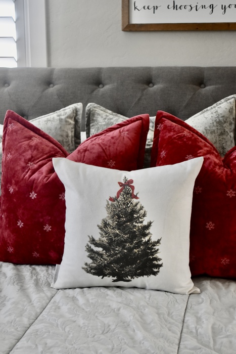 Christmas Tree Pillow Cover with Red Bow – Holiday Farmhouse Cushion, Festive Bedroom or Living Room Decor