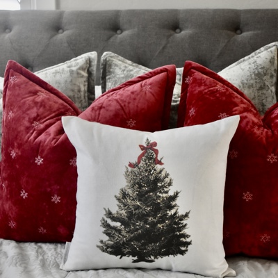 Christmas Tree Pillow Cover with Red Bow – Holiday Farmhouse Cushion, Festive Bedroom or Living Room Decor