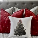 Christmas Tree Pillow Cover with Red Bow – Holiday Farmhouse Cushion, Festive Bedroom or Living Room Decor