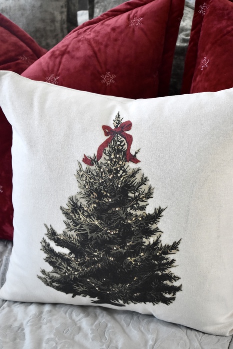 Christmas Tree Pillow Cover with Red Bow – Holiday Farmhouse Cushion, Festive Bedroom or Living Room Decor