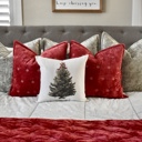  Christmas Tree Pillow Cover with Red Bow – Holiday Farmhouse Cushion, Festive Bedroom or Living Room Decor