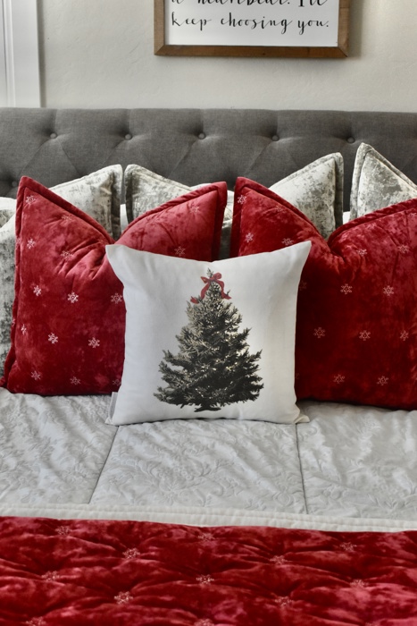 Christmas Tree Pillow Cover with Red Bow – Holiday Farmhouse Cushion, Festive Bedroom or Living Room Decor