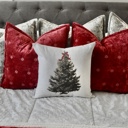  Christmas Tree Pillow Cover with Red Bow – Holiday Farmhouse Cushion, Festive Bedroom or Living Room Decor
