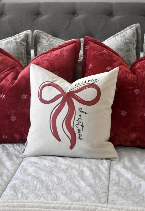 Merry Christmas Red Bow Pillow Cover | 18x18 Holiday Throw Pillow | Christmas Gift Pillow | Farmhouse Christmas Decor, Christmas Pillow Cover
