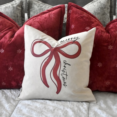 Merry Christmas Red Bow Pillow Cover | 18x18 Holiday Throw Pillow | Christmas Gift Pillow | Farmhouse Christmas Decor, Christmas Pillow Cover