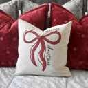  Merry Christmas Red Bow Pillow Cover | 18x18 Holiday Throw Pillow | Christmas Gift Pillow | Farmhouse Christmas Decor, Christmas Pillow Cover