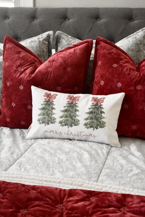 Merry Christmas Tree Pillow Cover – 12x20 Holiday Lumbar Cushion, Red Bow Christmas Pillow, Festive Farmhouse Decor, Winter Bedroom Accent