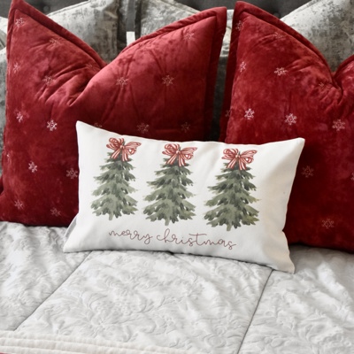 Merry Christmas Tree Pillow Cover – 12x20 Holiday Lumbar Cushion, Red Bow Christmas Pillow, Festive Farmhouse Decor, Winter Bedroom Accent
