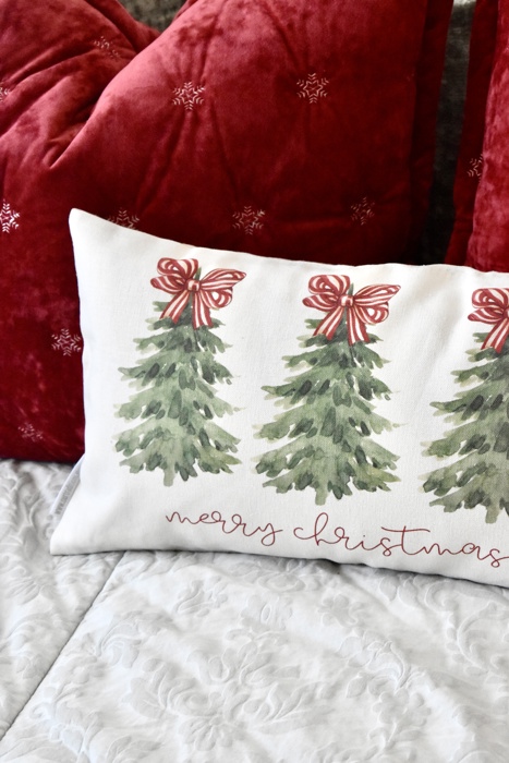 Merry Christmas Tree Pillow Cover – 12x20 Holiday Lumbar Cushion, Red Bow Christmas Pillow, Festive Farmhouse Decor, Winter Bedroom Accent