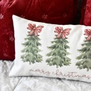  Merry Christmas Tree Pillow Cover – 12x20 Holiday Lumbar Cushion, Red Bow Christmas Pillow, Festive Farmhouse Decor, Winter Bedroom Accent