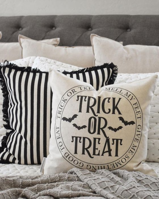 Trick Or Treat Pillow Cover | Halloween Throw Pillow With Bats | Rustic Farmhouse Halloween Cushion | Spooky Fall Home Decor