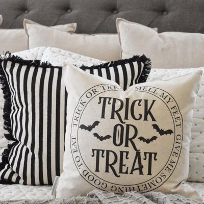 Trick Or Treat Pillow Cover | Halloween Throw Pillow With Bats | Rustic Farmhouse Halloween Cushion | Spooky Fall Home Decor