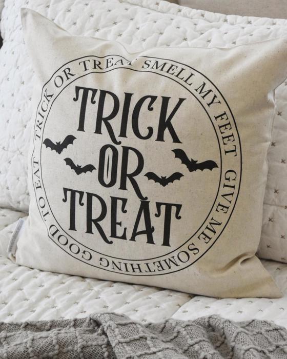 Trick Or Treat Pillow Cover | Halloween Throw Pillow With Bats | Rustic Farmhouse Halloween Cushion | Spooky Fall Home Decor