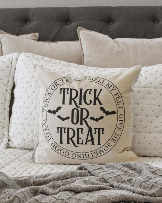 Trick Or Treat Pillow Cover | Halloween Throw Pillow With Bats | Rustic Farmhouse Halloween Cushion | Spooky Fall Home Decor