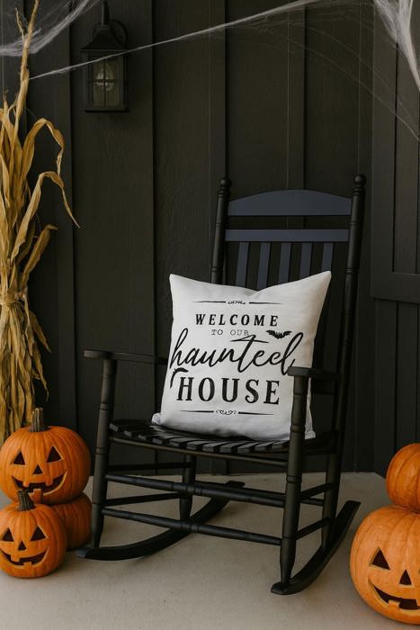 Welcome To Our Haunted House Pillow Cover | Halloween Farmhouse Throw Pillow | Spooky Haunted House Cushion | Gothic Fall Home Decor
