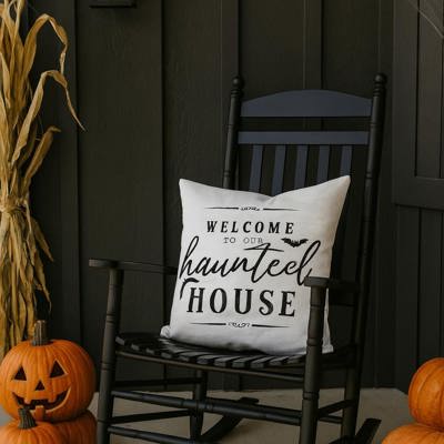 Welcome To Our Haunted House Pillow Cover | Halloween Farmhouse Throw Pillow | Spooky Haunted House Cushion | Gothic Fall Home Decor