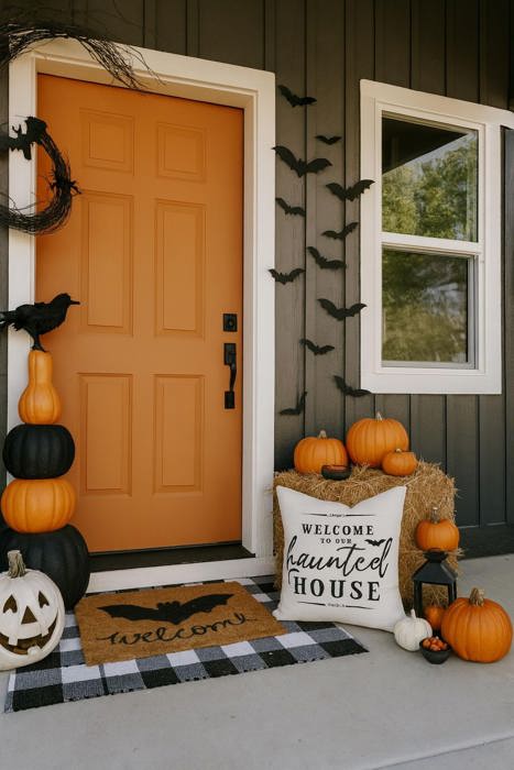 Welcome To Our Haunted House Pillow Cover | Halloween Farmhouse Throw Pillow | Spooky Haunted House Cushion | Gothic Fall Home Decor