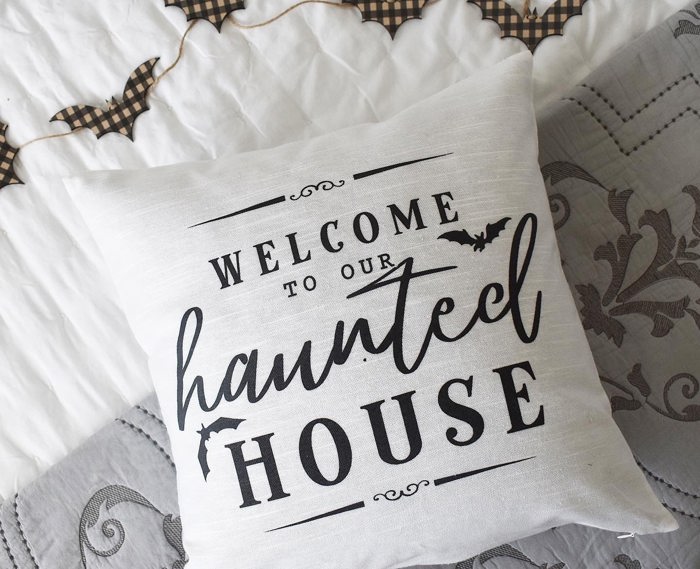 Welcome To Our Haunted House Pillow Cover | Halloween Farmhouse Throw Pillow | Spooky Haunted House Cushion | Gothic Fall Home Decor