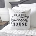  Welcome To Our Haunted House Pillow Cover | Halloween Farmhouse Throw Pillow | Spooky Haunted House Cushion | Gothic Fall Home Decor