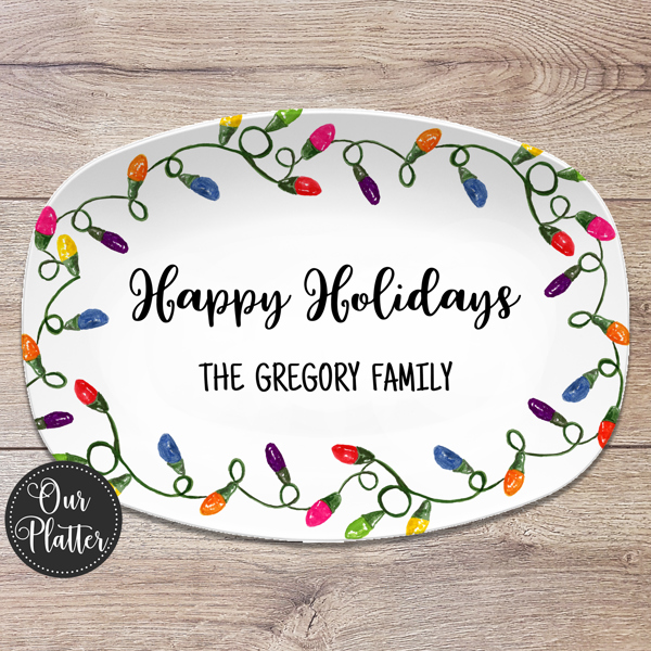 Christmas Lights Holiday Custom Personalized Platter | Christmas Cookies • Feliz Navidad