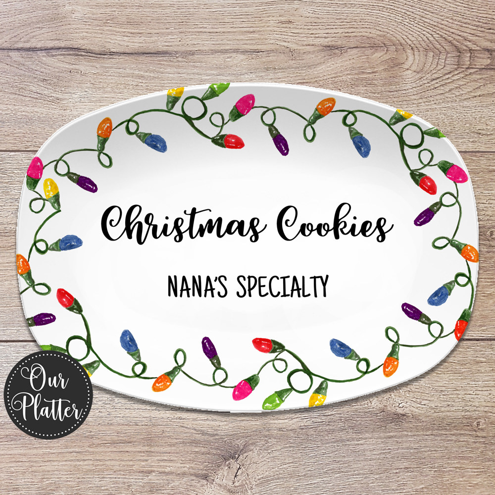 Christmas Lights Holiday Custom Personalized Platter | Christmas Cookies • Feliz Navidad