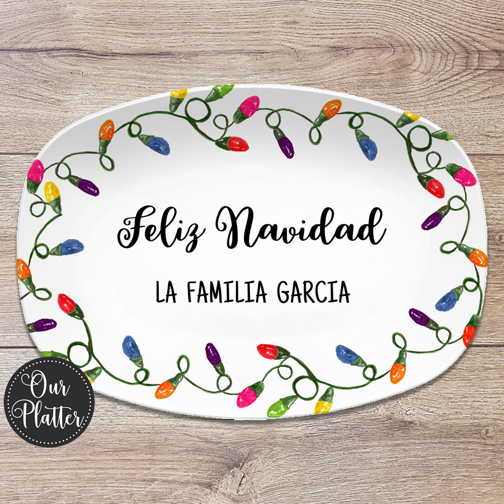 Christmas Lights Holiday Custom Personalized Platter | Christmas Cookies • Feliz Navidad