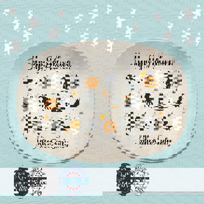 Halloween Personalized Serving Platter | Custom Fall Hosting Decor | Bats, Ghosts, Jack-O-Lantern, Black Cat & Skulls