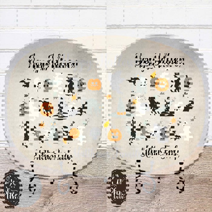Halloween Personalized Serving Platter | Custom Fall Hosting Decor | Bats, Ghosts, Jack-O-Lantern, Black Cat & Skulls